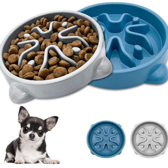 Set of 2 Blue & Gray Slow Puzzle Feeder Dog Bowls & Portable Water Bottle 27 oz - Picture 2 of 7
